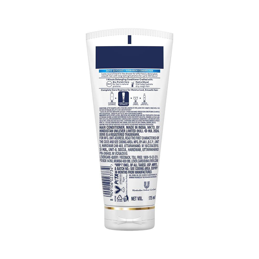 Dove Glycolic + Hydration Conditioner With 5% Hydra-Glycol For Upto 100 Hours Of Hydrated, Fluid Hair - 175 ml