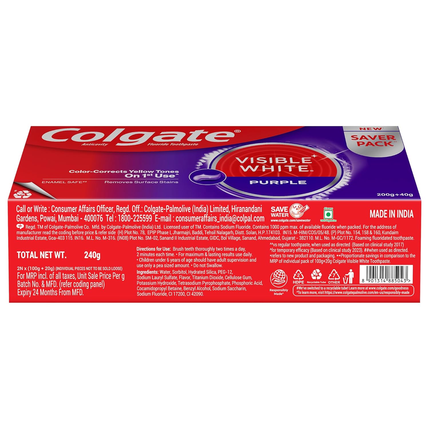 Colgate Visible White Purple Toothpaste for Teeth Whitening, Helps Remove Surface Stains, Whitens Yellow Teeth, Enamel-Safe for Daily Use (Combo Pack, 200g + 40g)