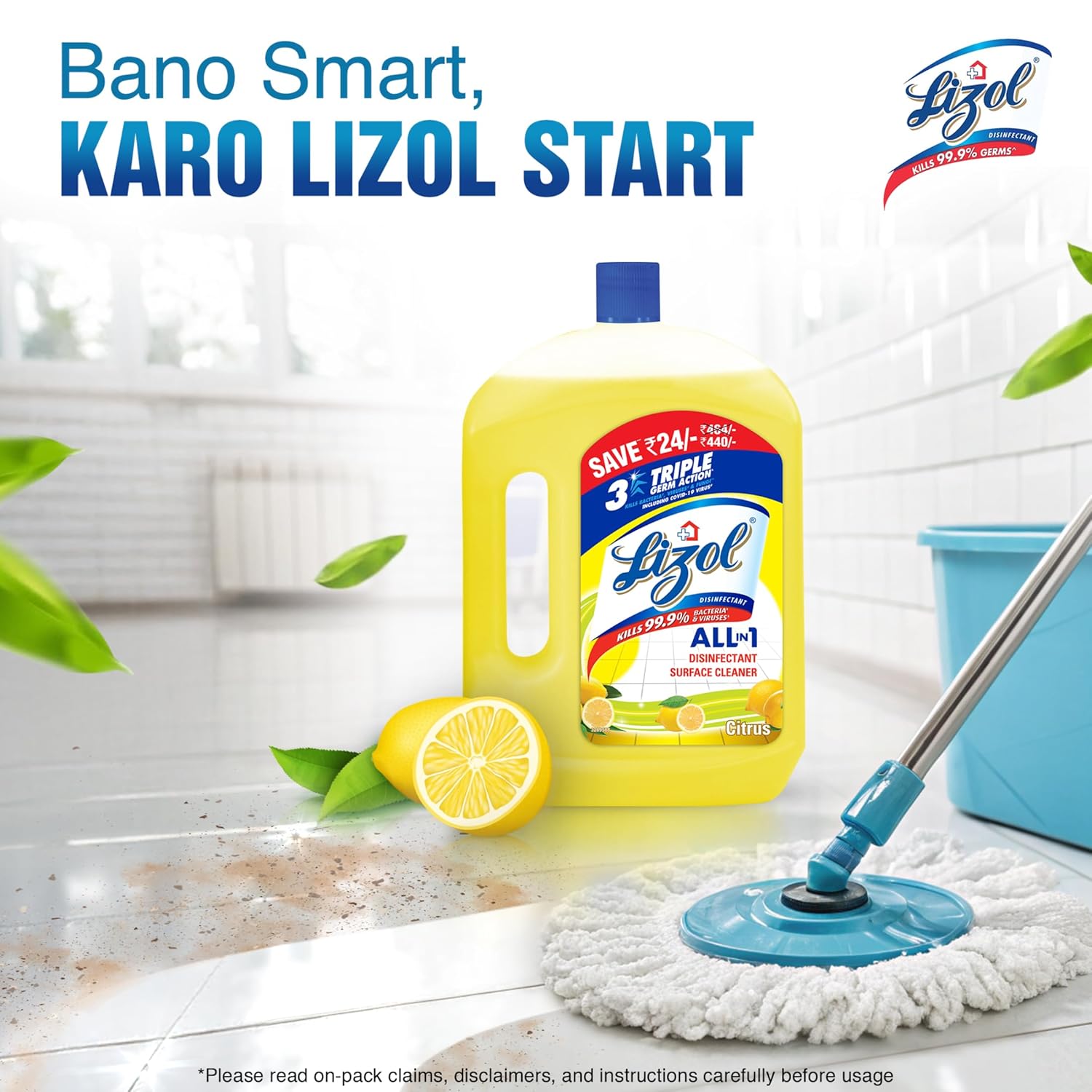 Lizol Disinfectant Surface & Floor Cleaner Liquid, Citrus - 2 Litre