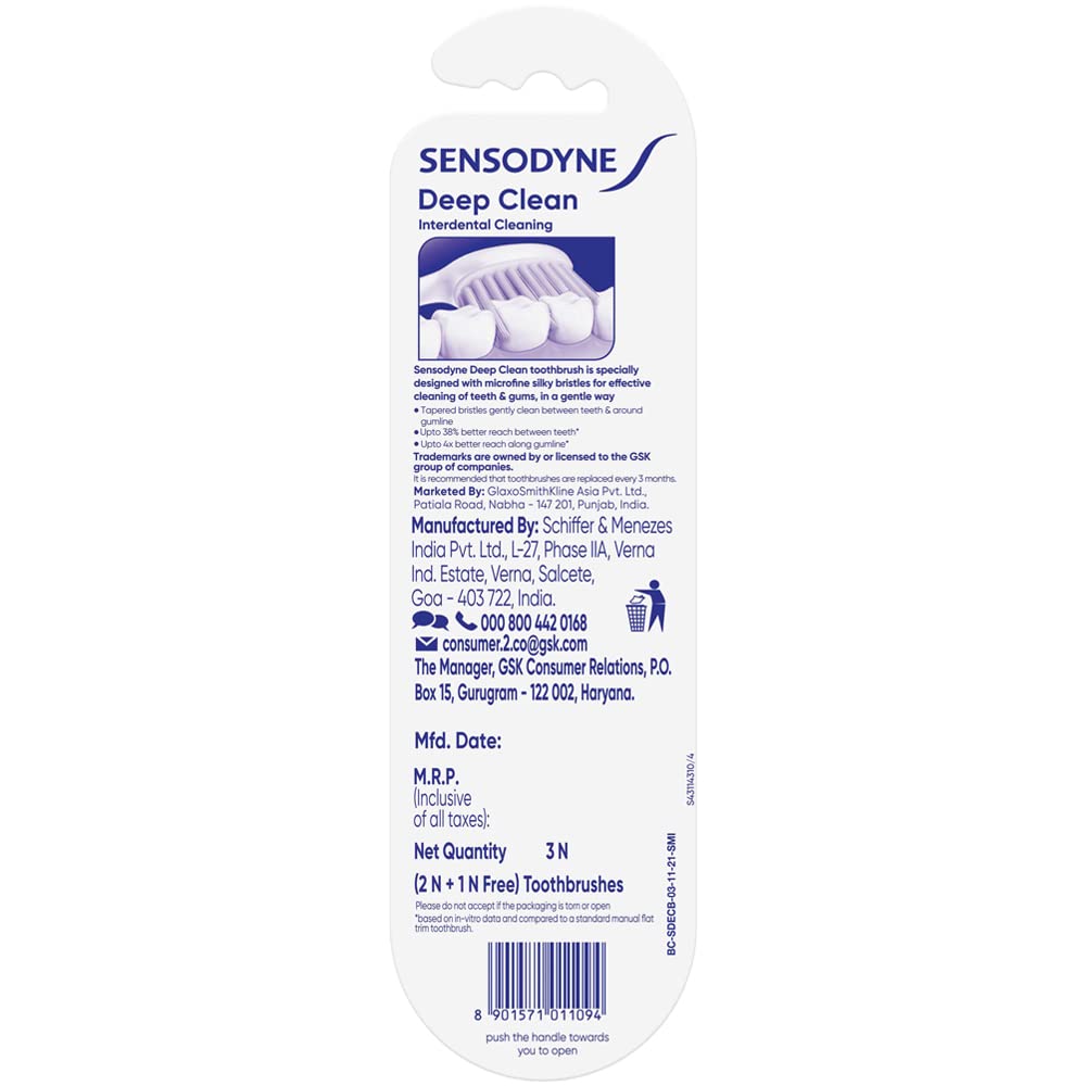 Sensodyne Deep Clean Toothbrush | Extra Soft Bristles Tooth Brush | Effective Cleaning, Gentle on Teeth, Toothbrush Set Pack of 3 (Buy 2 Get 1 Free)