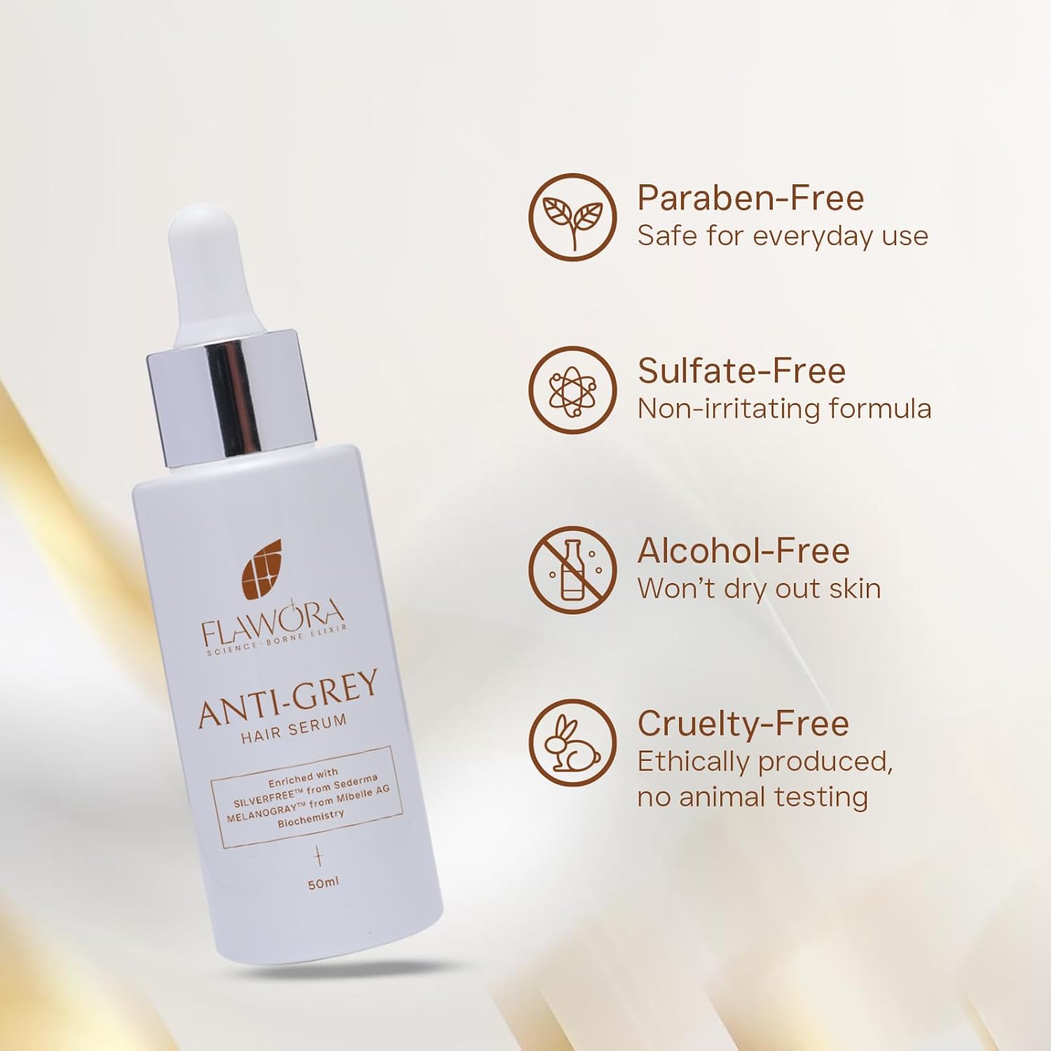 Flawora Anti-Grey Hair Serum With 1.5% Silverfree And 2% Melanogrey For Reversing Grey Hair - 50 ml