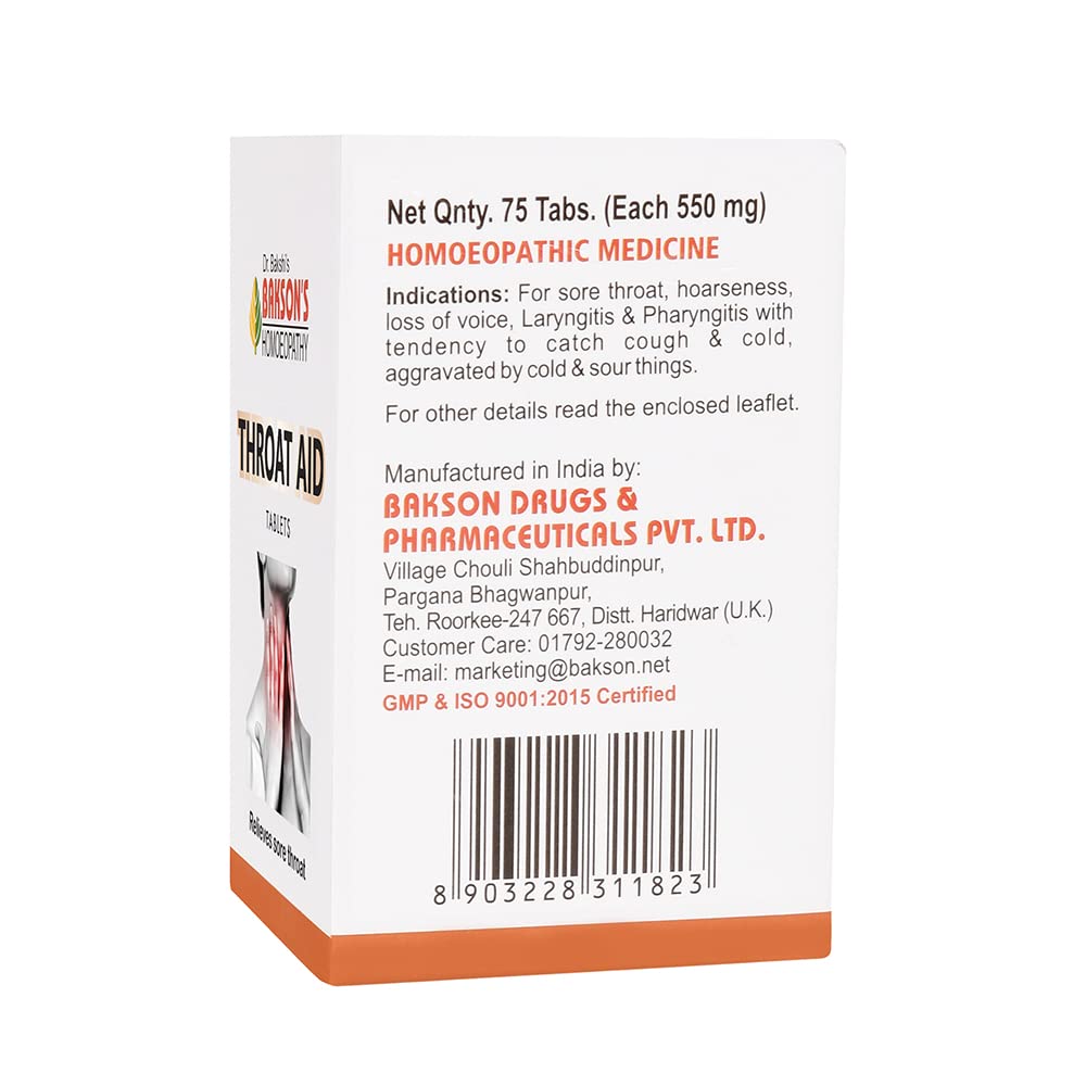 Bakson's Homeopathy Throat Aid Tablets - 75 tabs - Pack of 1