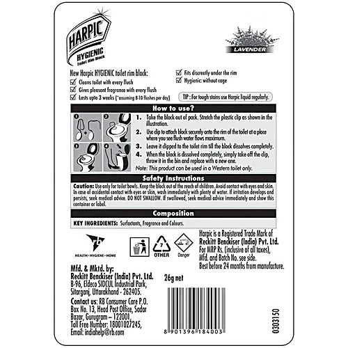 Harpic Hygienic Toilet Cleaner Rim Block - Lavender, 26 g