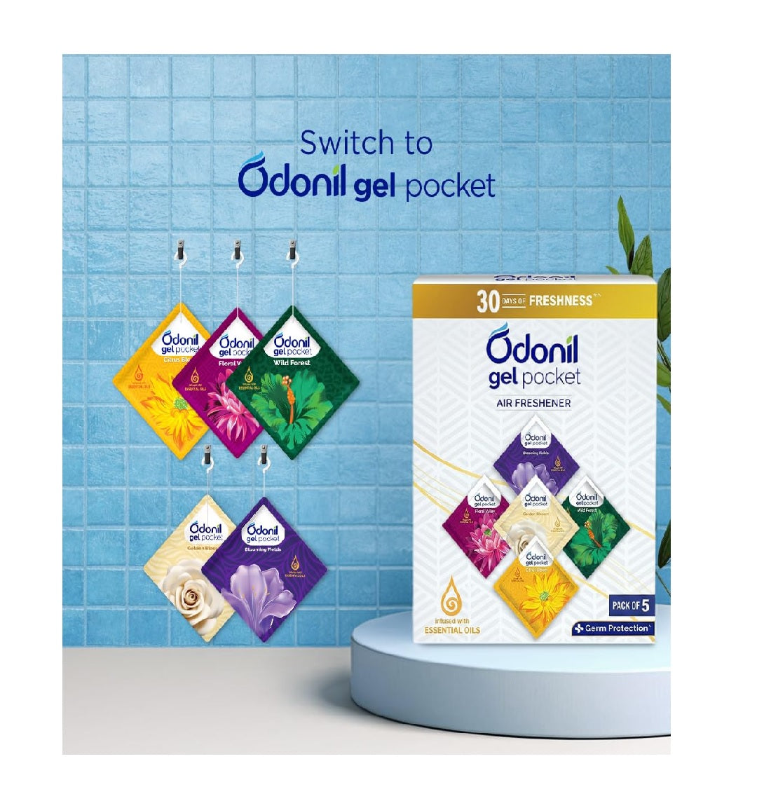 Odonil Gel Pocket – 50g (10g X5) | Pack of 5 Assorted Fragrances | Infused with Essential Oils | Germ Protection | Air Freshener for Bathroom, Toilet, Home & Office.
