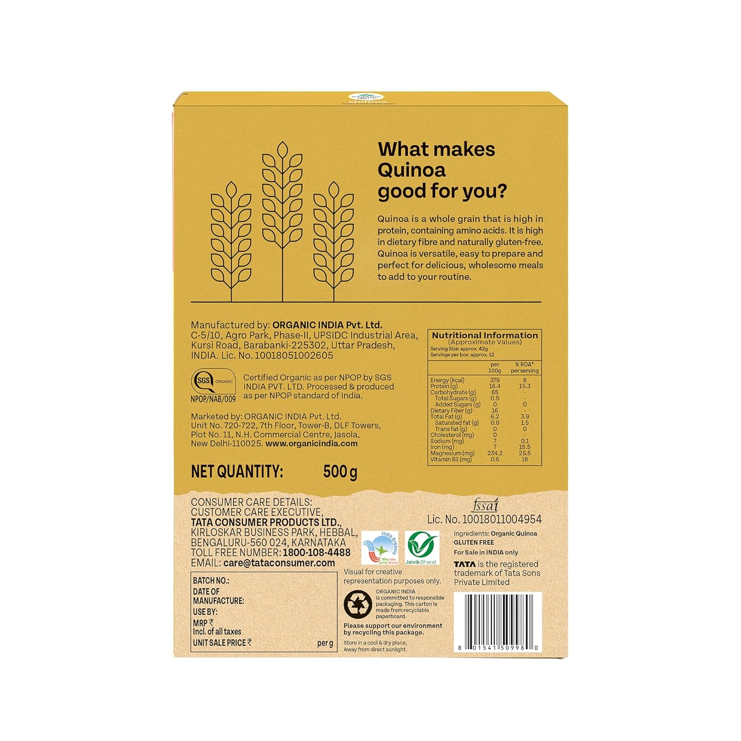 Organic India Quinoa – 500g | Nutrient-Rich Whole Grain | Protein-Rich | Gluten-Free | Source of Iron & Magnesium