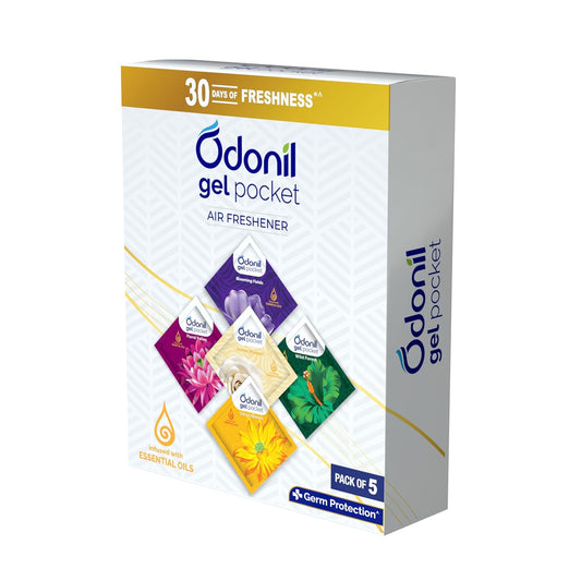 Odonil Gel Pocket – 50g (10g X5) | Pack of 5 Assorted Fragrances | Infused with Essential Oils | Germ Protection | Air Freshener for Bathroom, Toilet, Home & Office.