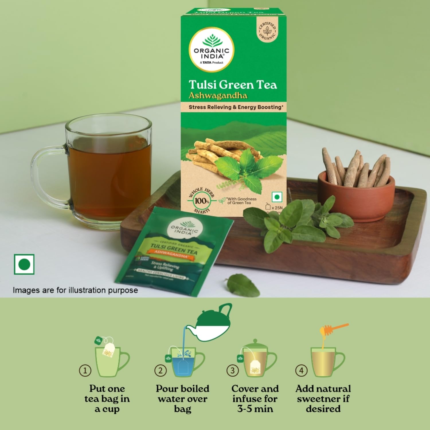 Organic India Tulsi Green Tea Ashwagandha - 25 Tea Bag (Pack of 1)