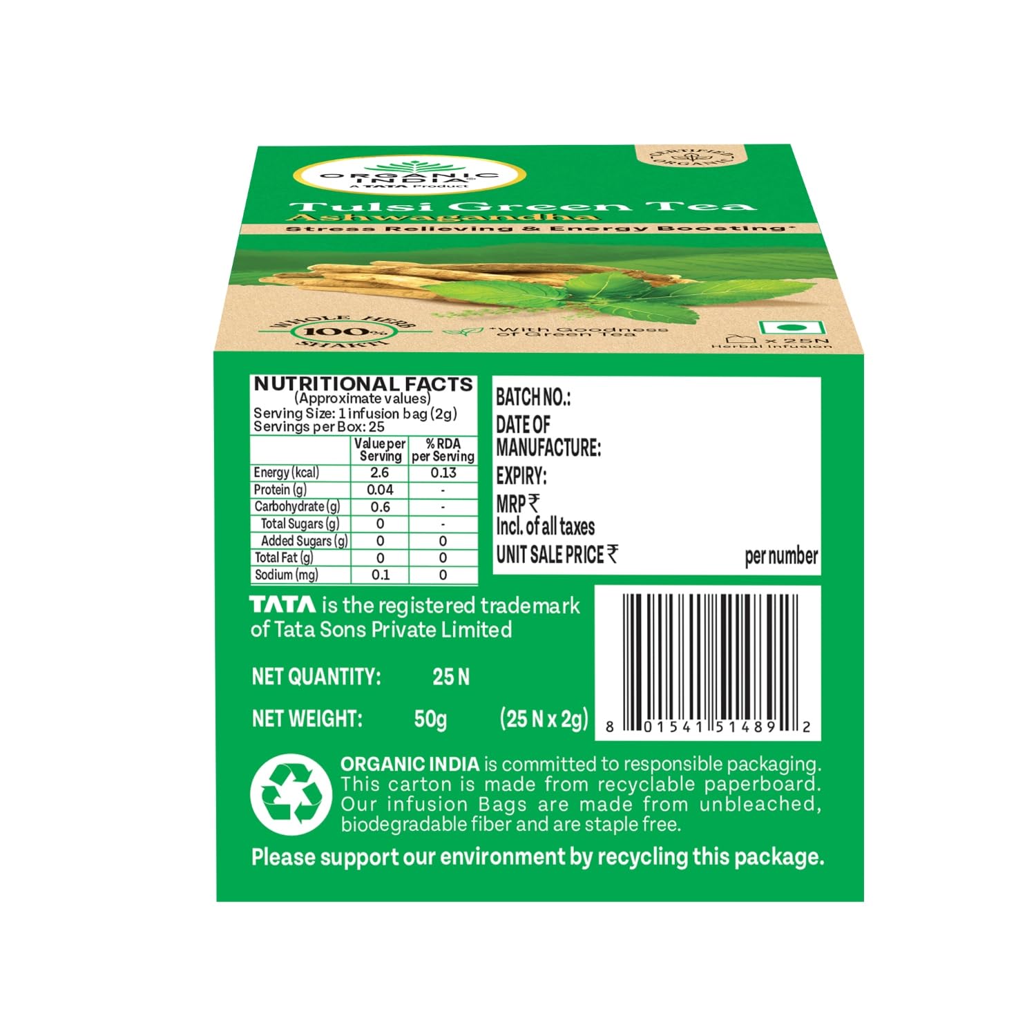 Organic India Tulsi Green Tea Ashwagandha - 25 Tea Bag (Pack of 1)