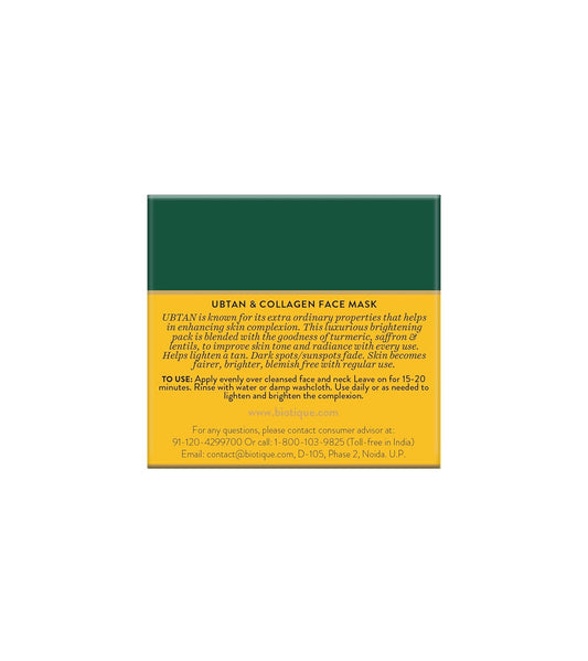 Biotique Ubtan & Collagen Skin Brightening Face Pack Mask for Fairer, Brighter & Tan Free Skin |Dark Spot & Blemish Reduction|For Men & Women -50g