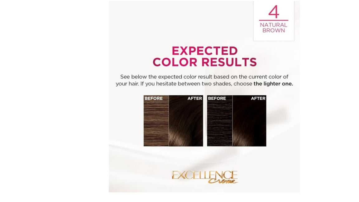LOreal Paris Excellence Creme Hair Color, 4 Natural Brown - 72ml+100g