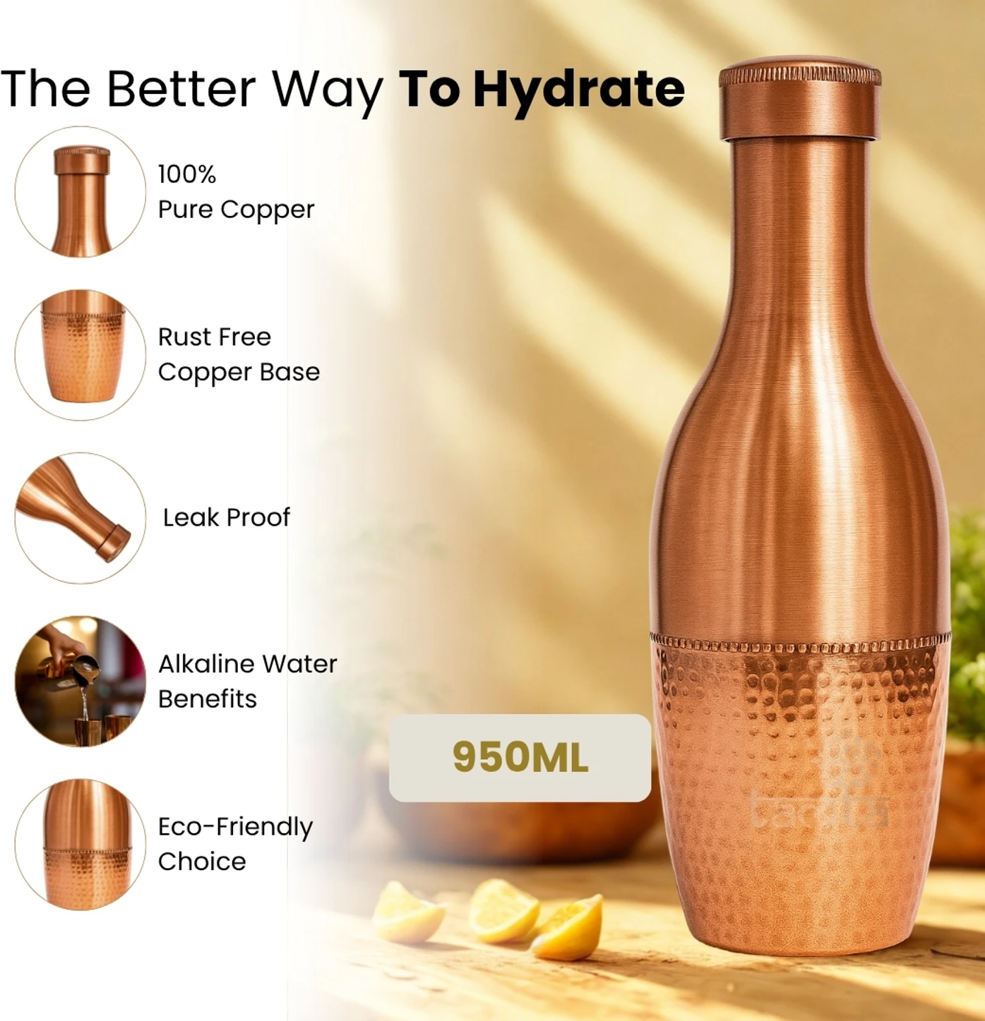Premium Handcrafted Hammered Copper Water Bottle with Leakproof Cap – 100% Pure Copper