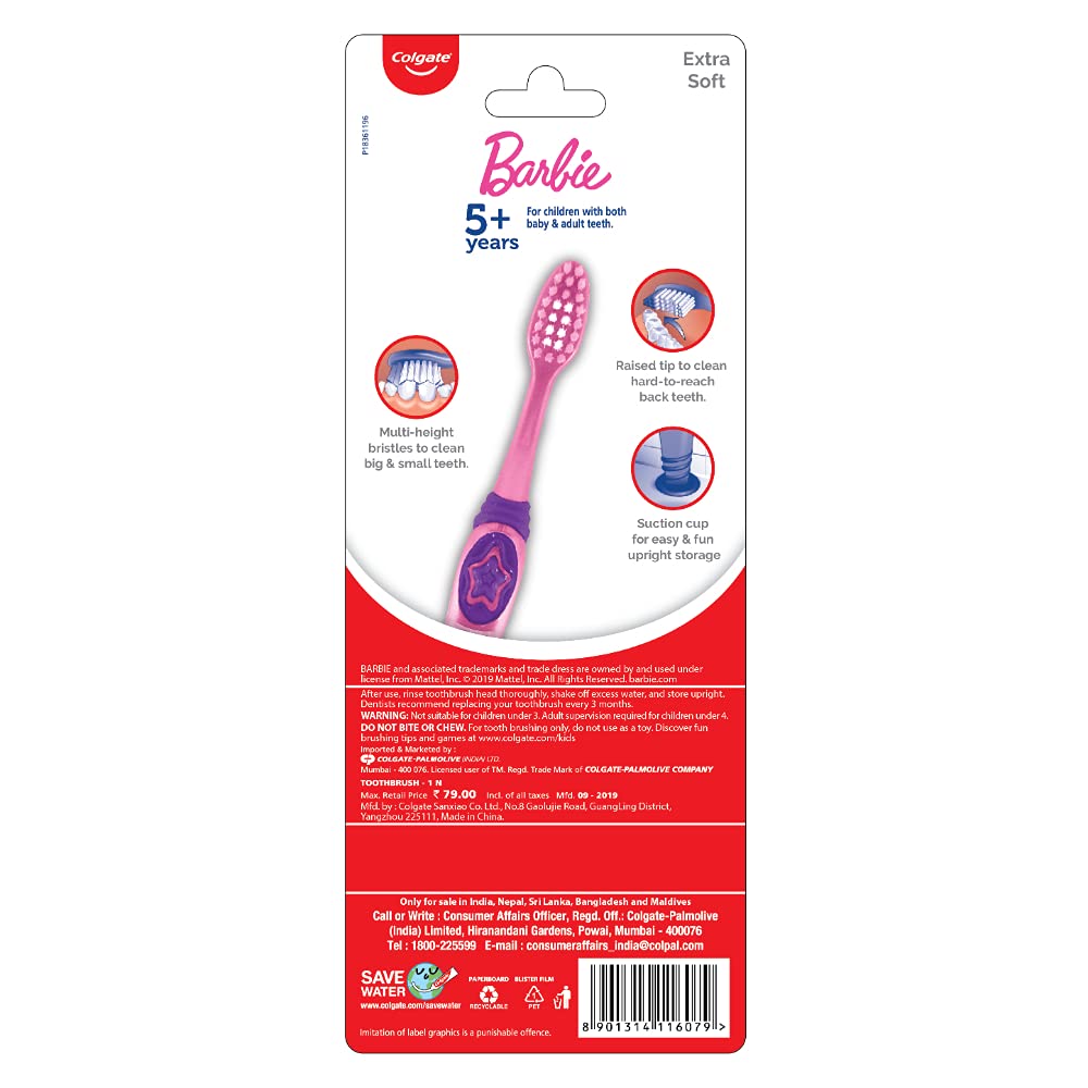Colgate Kids Barbie Toothbrush, Extra Soft with Tongue Cleaner (Pack of 3) Kid Manual Multicolor