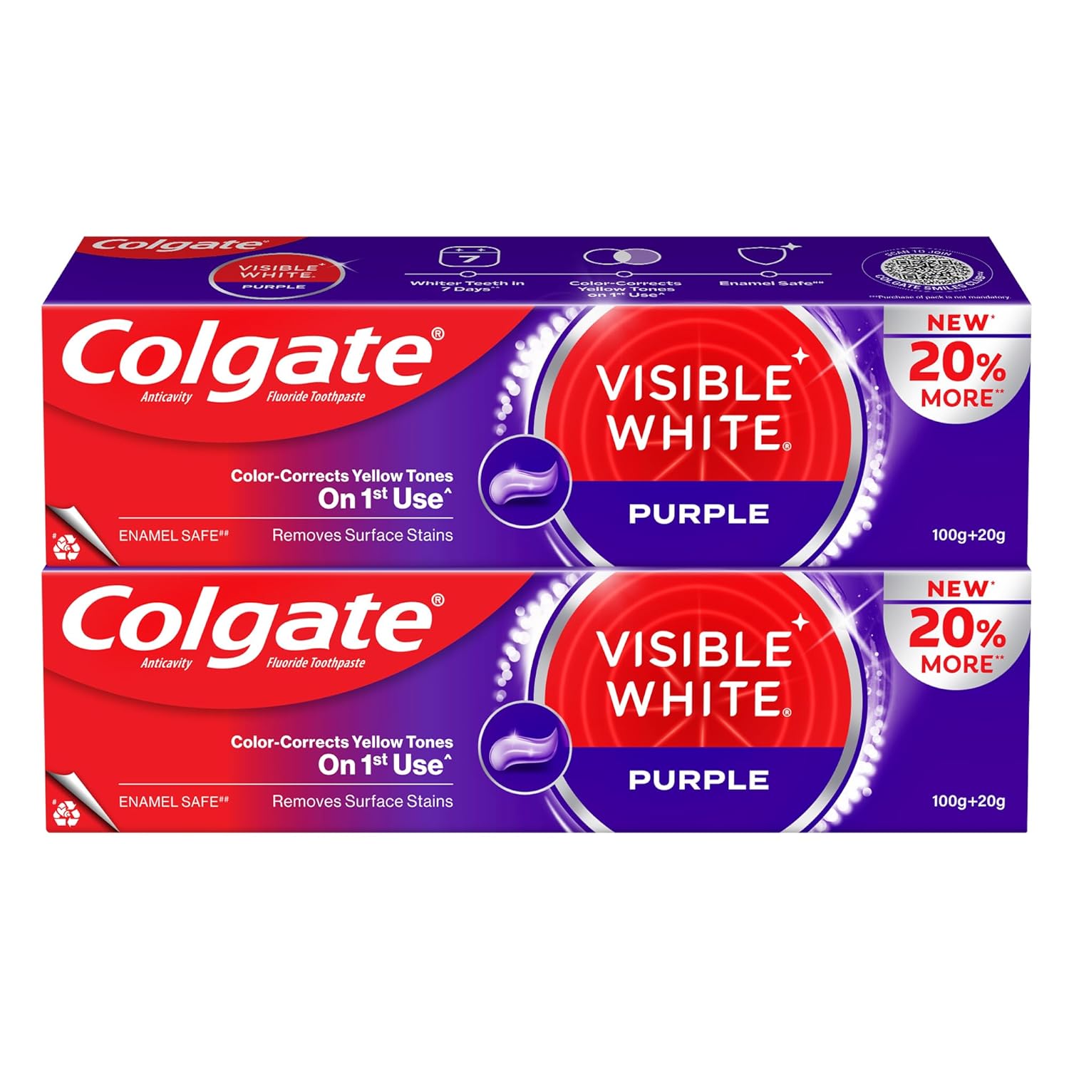 Colgate Visible White Purple Toothpaste for Teeth Whitening, Helps Remove Surface Stains, Whitens Yellow Teeth, Enamel-Safe for Daily Use (Combo Pack, 200g + 40g)