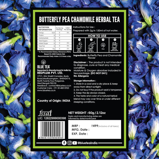 BLUE TEA - Butterfly Pea Flower Chamomile Tea - 30 Tea Bags