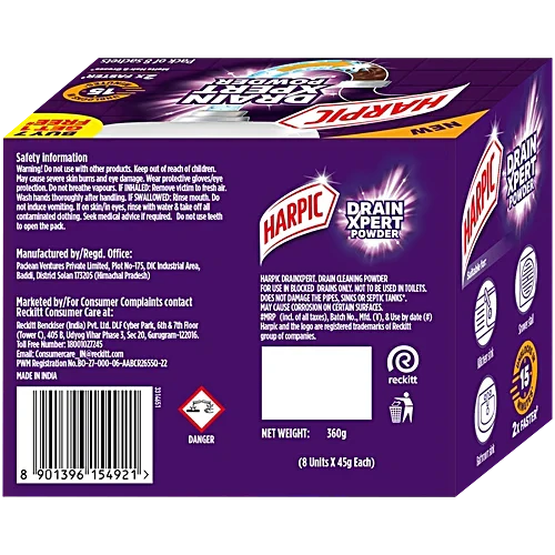 Harpic Drain Xpert Cleaning Powder, 360 g (8 x 45 g)