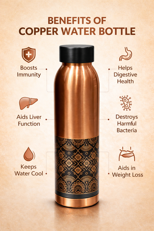 Premium Black & Gold Designer Copper Water Bottle – 100% Pure Food Grade Ayurvedic Drinking Bottle with Leakproof Cap