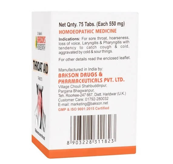 Bakson's Homeopathy Throat Aid Tablets - 75 tabs - Pack of 1