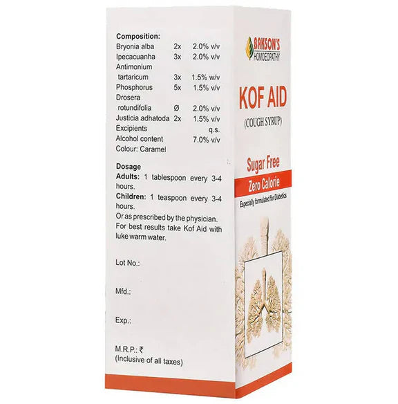 Bakson's Homeopathy Kof Aid Syrup Sugar Free - 115 ml