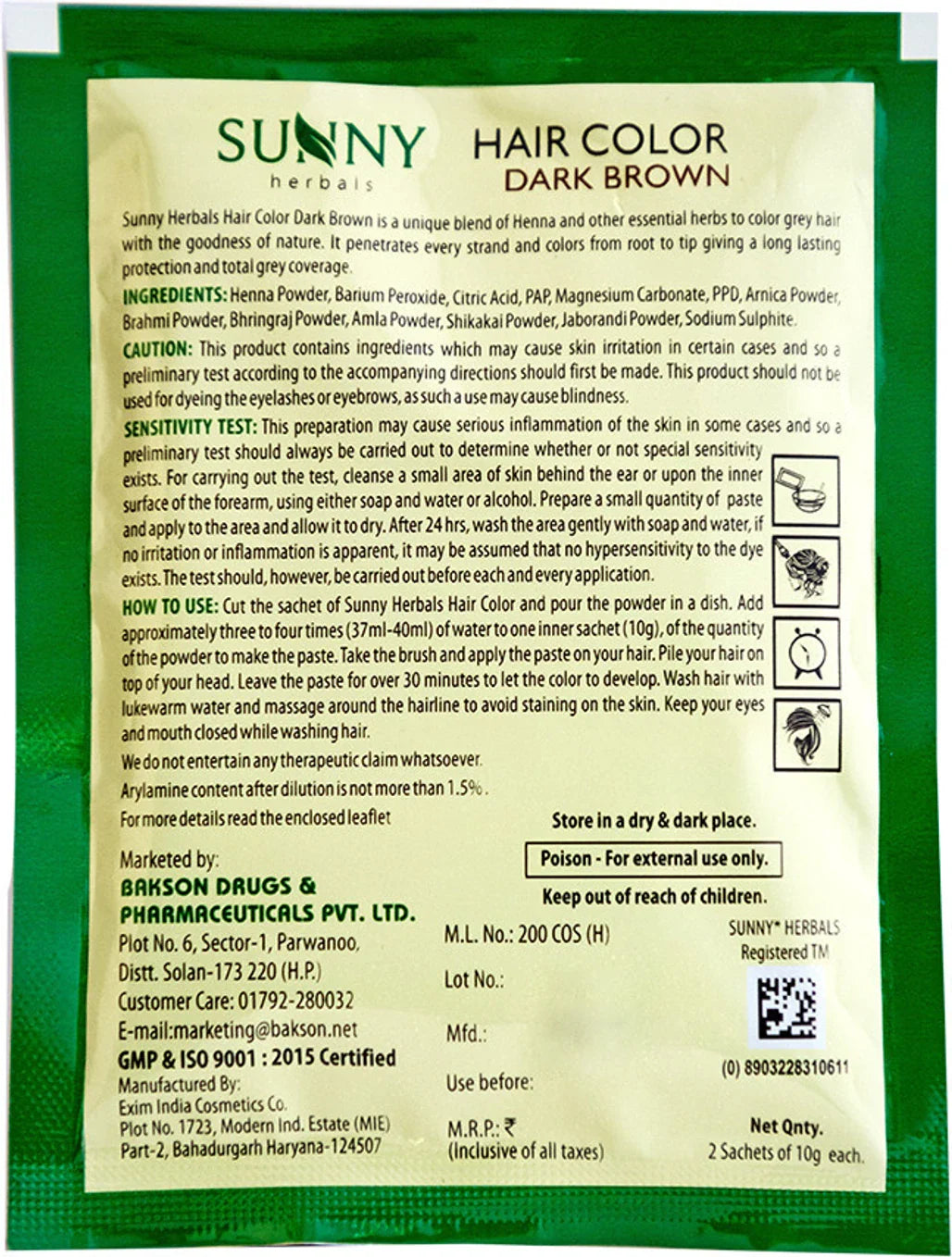 Bakson's Sunny Hair Color Dark Brown - 20 gm
