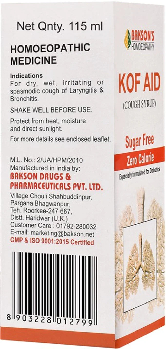Bakson's Homeopathy Kof Aid Syrup Sugar Free - 115 ml