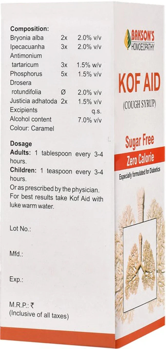 Bakson's Homeopathy Kof Aid Syrup Sugar Free - 115 ml