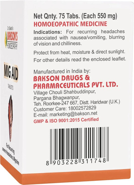 Bakson's Homeopathy Mig Aid Tablets - 75 Tablets