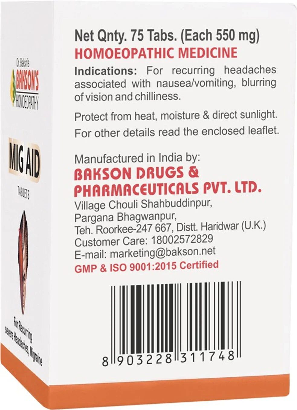 Bakson's Homeopathy Mig Aid Tablets - 75 Tablets