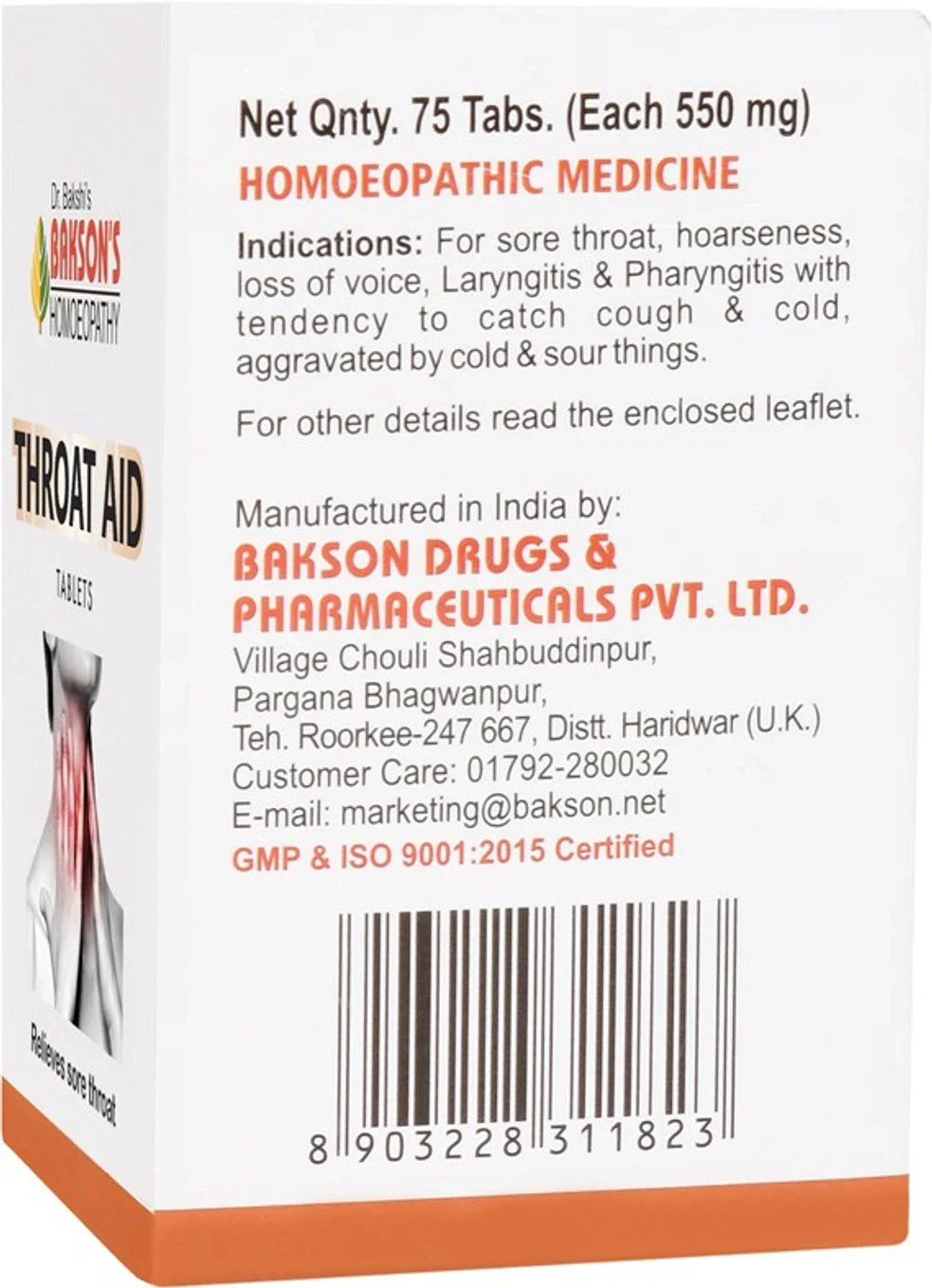 Bakson's Homeopathy Throat Aid Tablets - 75 tabs - Pack of 1