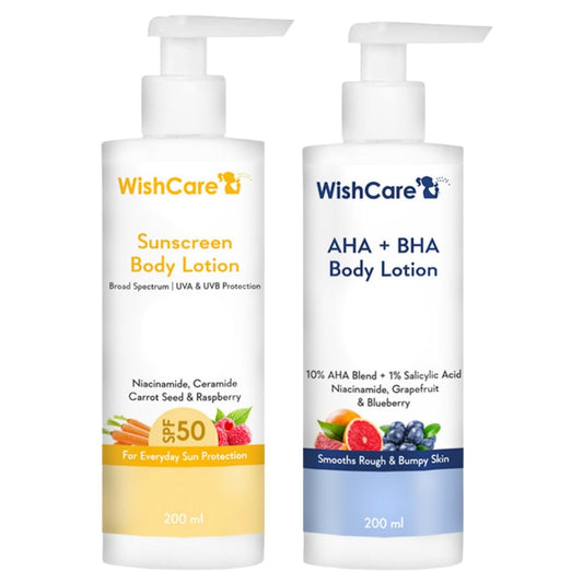 WishCare All Skin De-Tan Combo - AHA BHA Body Lotion & SPF50 Sunscreen Lotion 200ml